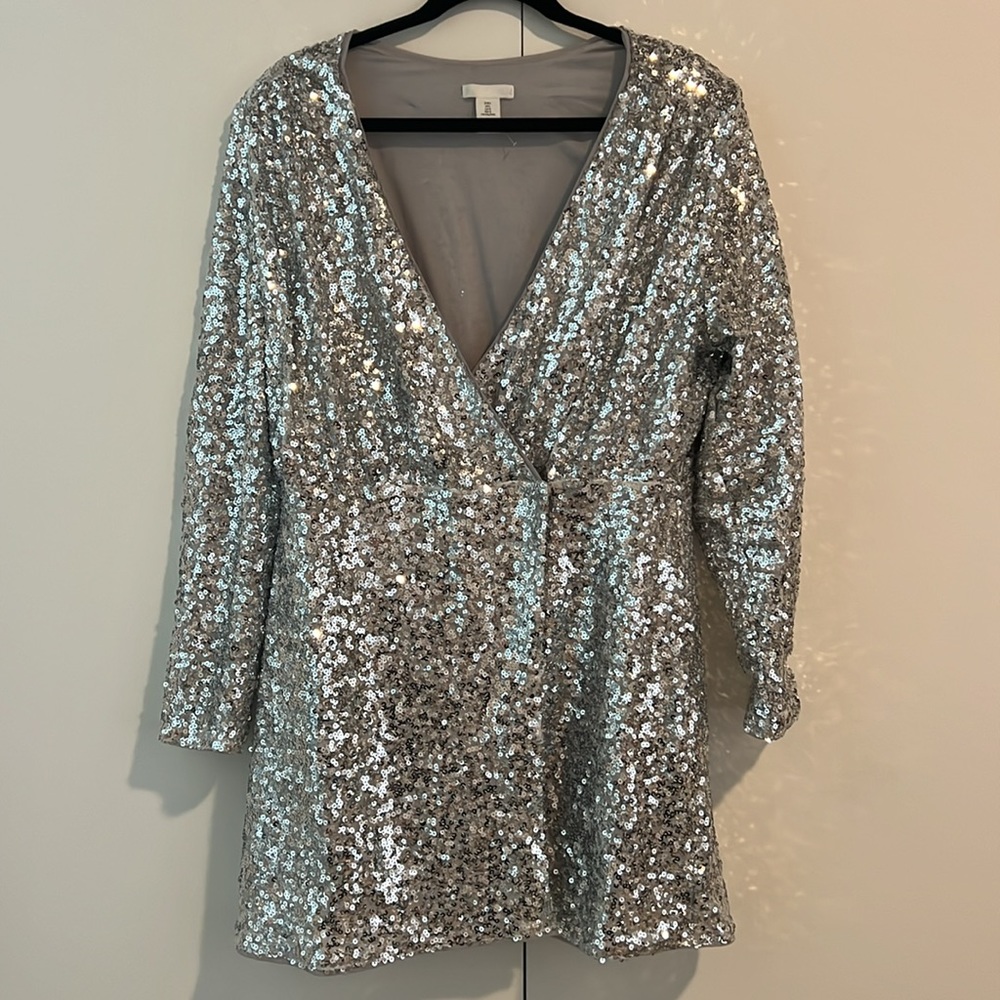Silver sequin long sleeve mini wrap dress